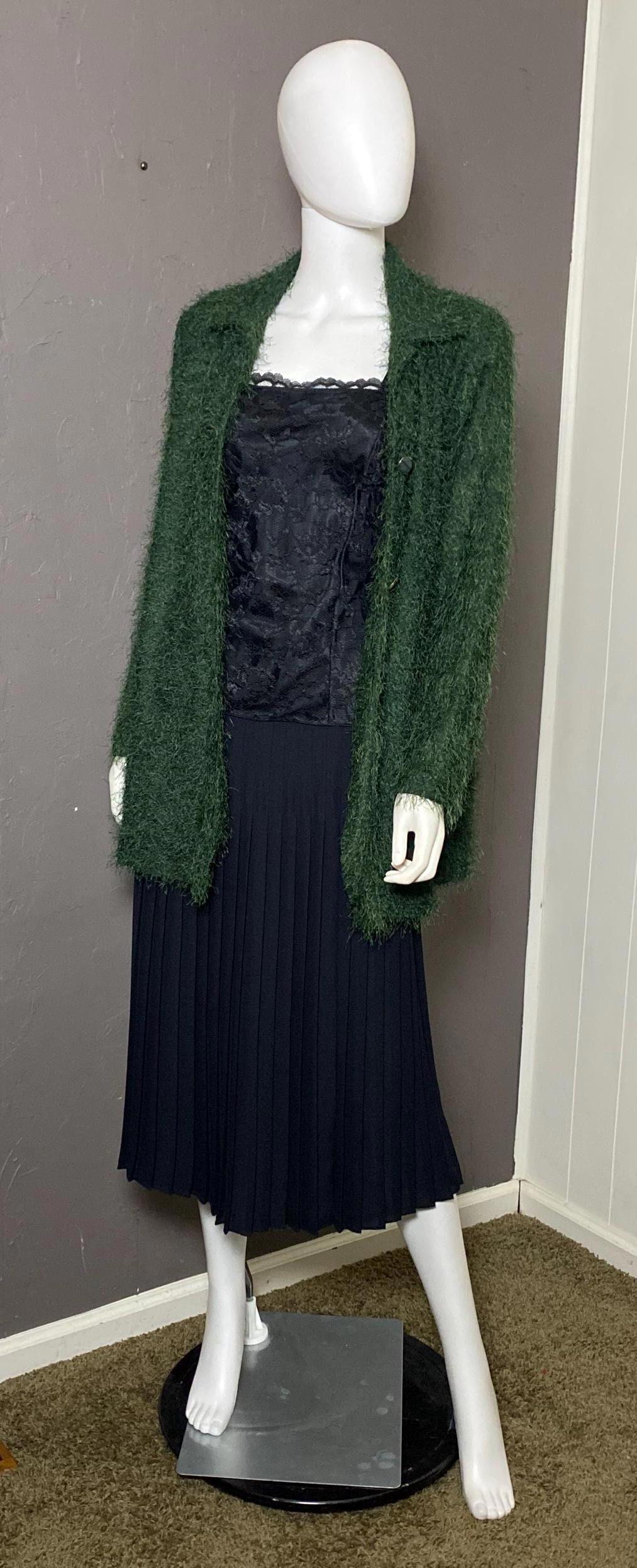 1990's Green Long-Hair Sweater Jacket by Piccadilly Fashions M Fuzzy Cardigan