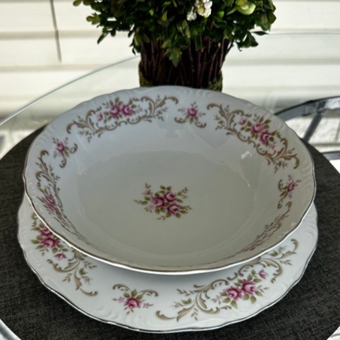 Vintage Style House Rose Baroque Pattern Fine Round Vegetable Bowl & Plate