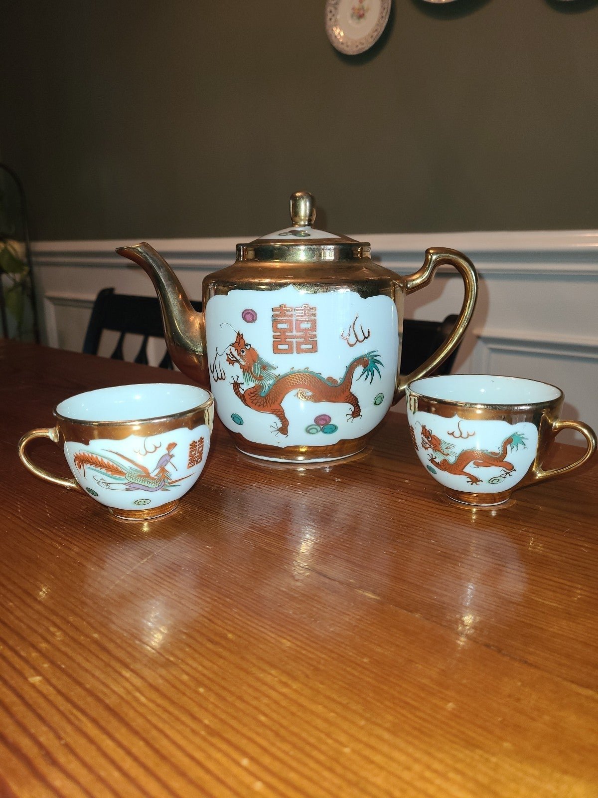 Vintage phoenix and red dragon boho Asian teapot/teacups