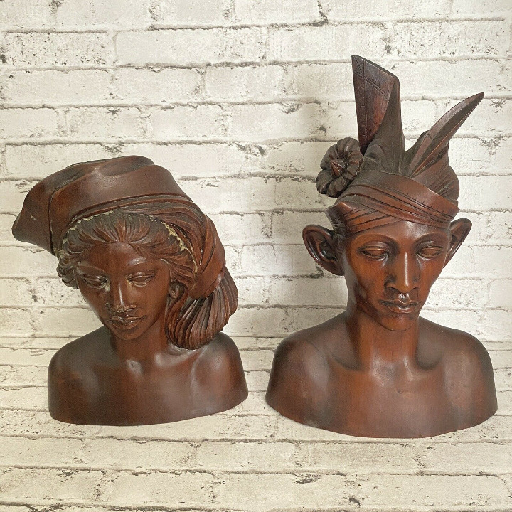 Vintage Bali Indonesian Wooden Bust Art Sculptures (Set of 2)