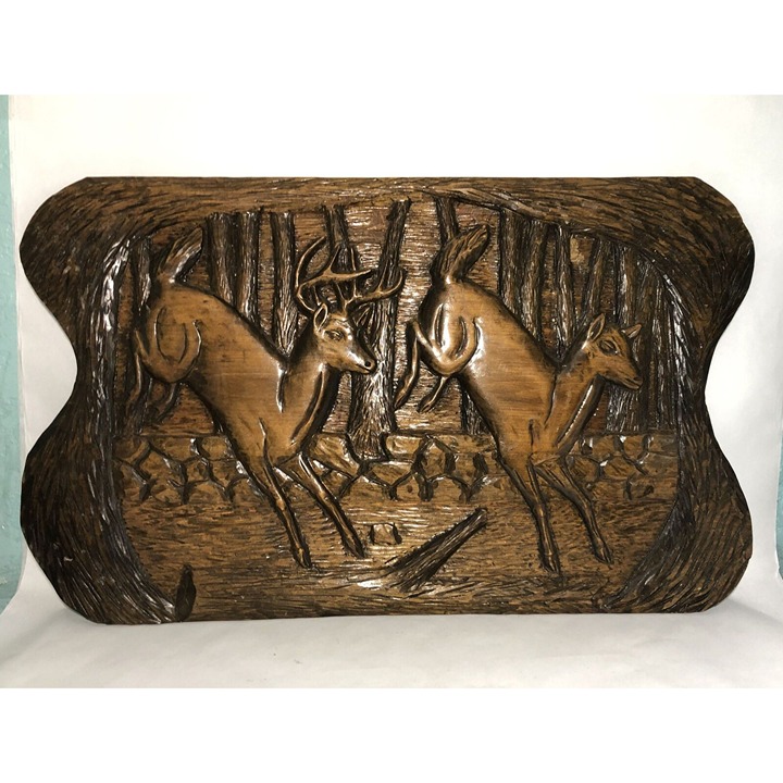 Vintage Solid Wood Wall Hanging Buck & Doe Deer Plaque-32.5”x19.5” Dark Stain.