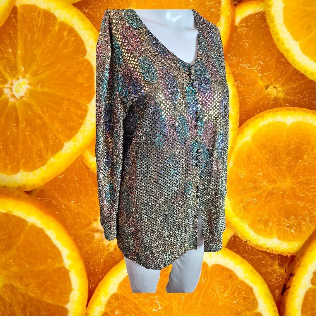 Dressy Betsy Women's Vintage Multicolored Metallic Sequined Button Down Blouse