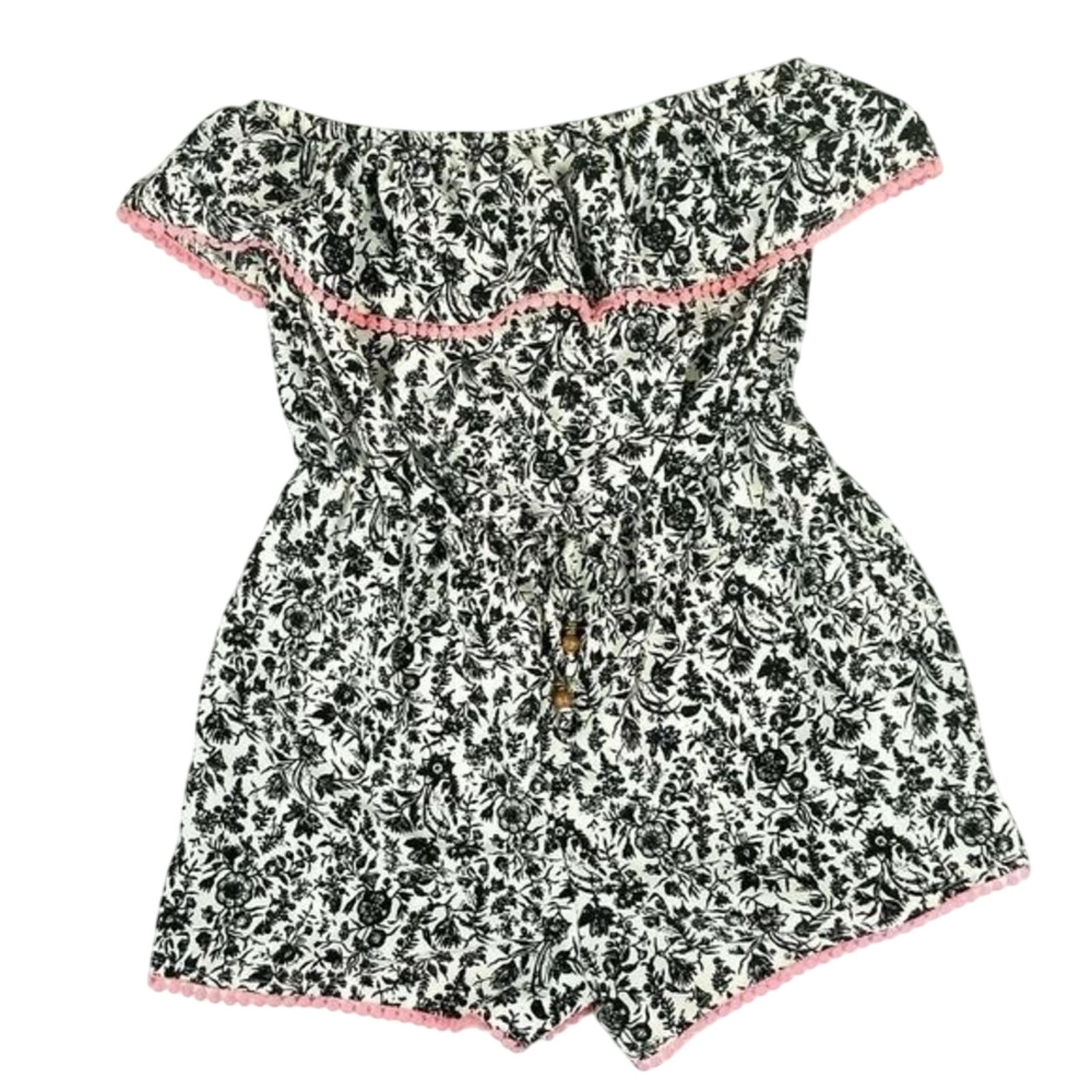 Rewind Romper Women's Size M Black/White Floral Print Pink Trim