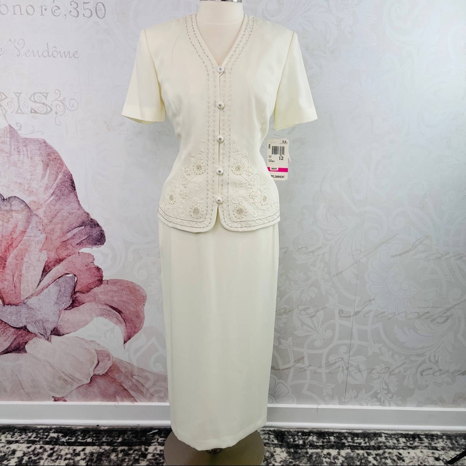 R&M Richards Ivory Two Piece Set Beaded Long Skirt NWT Size 12