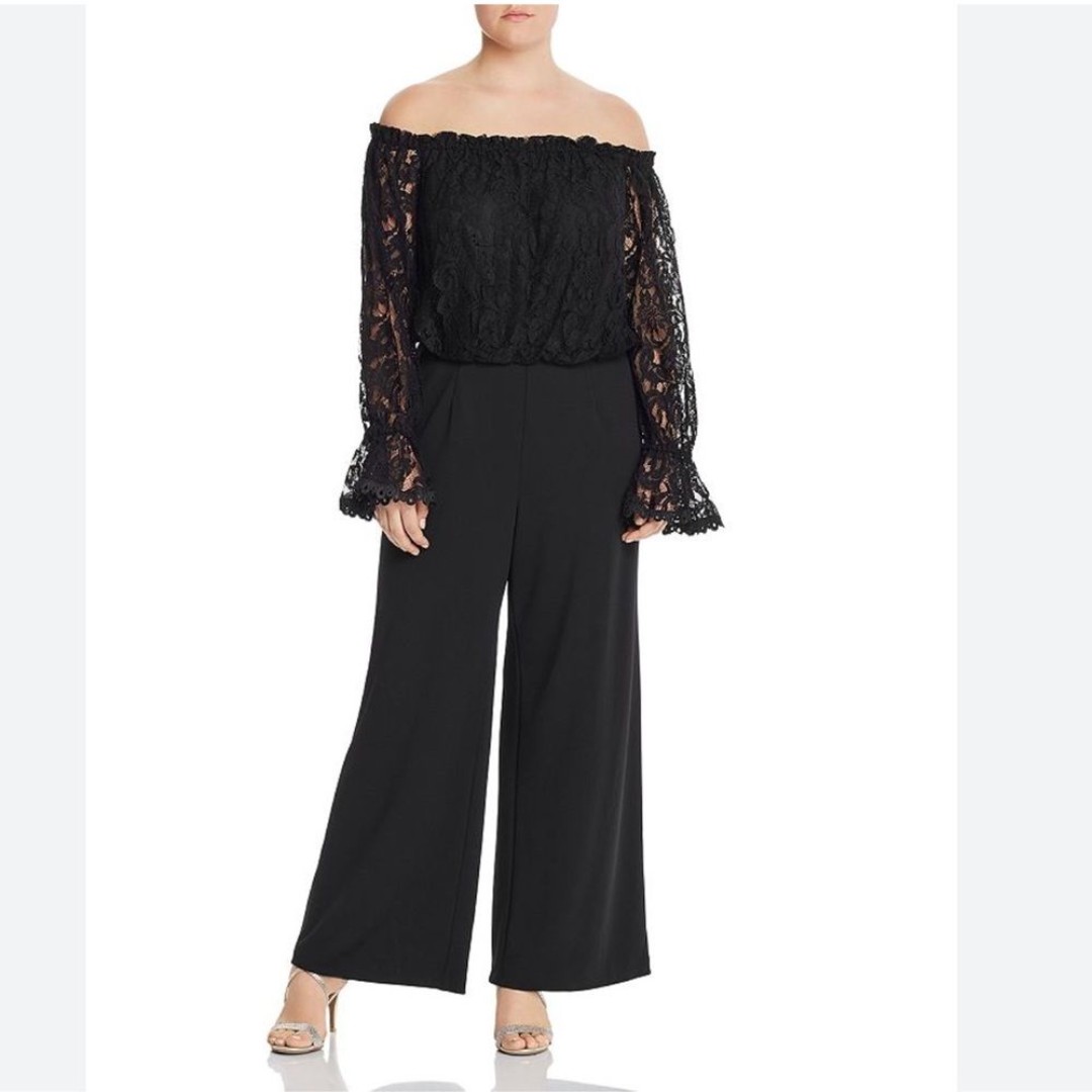 Adrianna Papell Off The Shoulder Jumpsuit Size 14 In Black Lace Top Crepe Pant