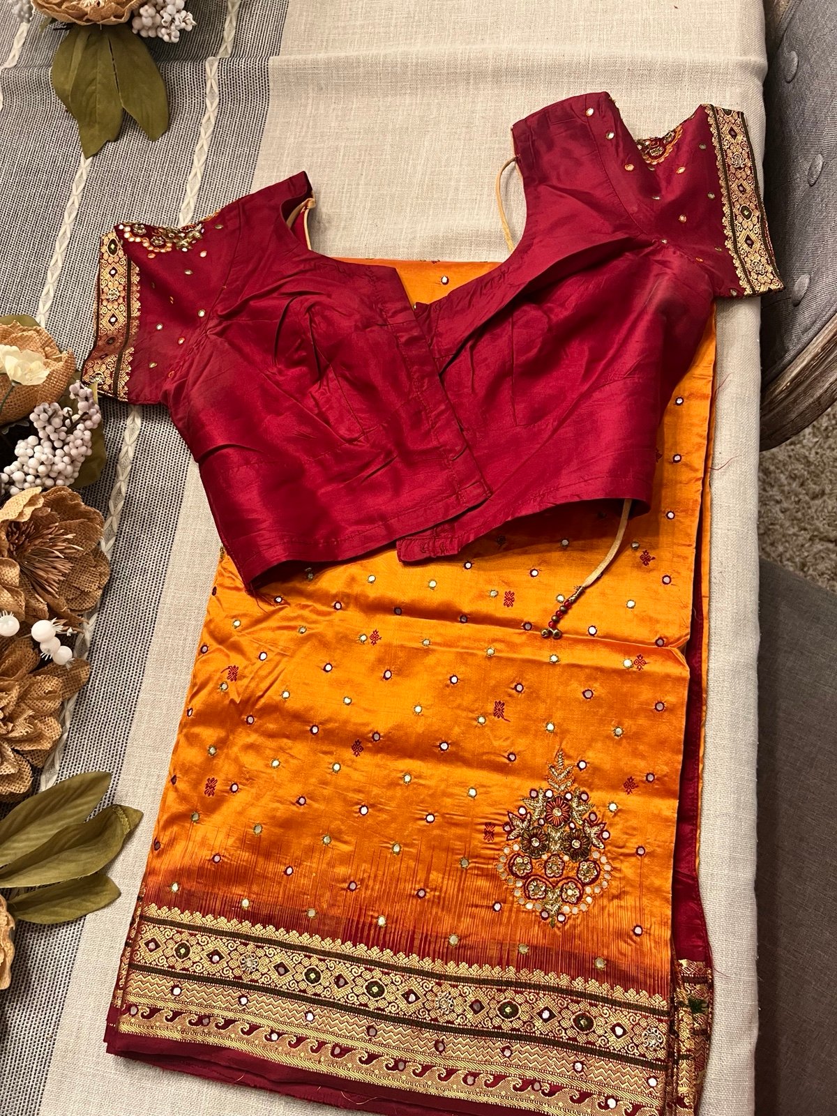 Silk saree with mirror work and readymade blouse