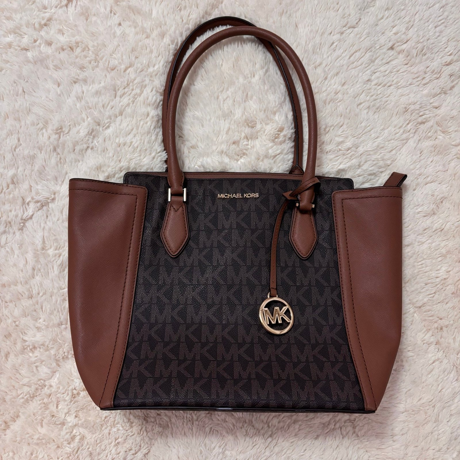 Michael Kors brown Ayden logo two toned shoulder tote bag purse