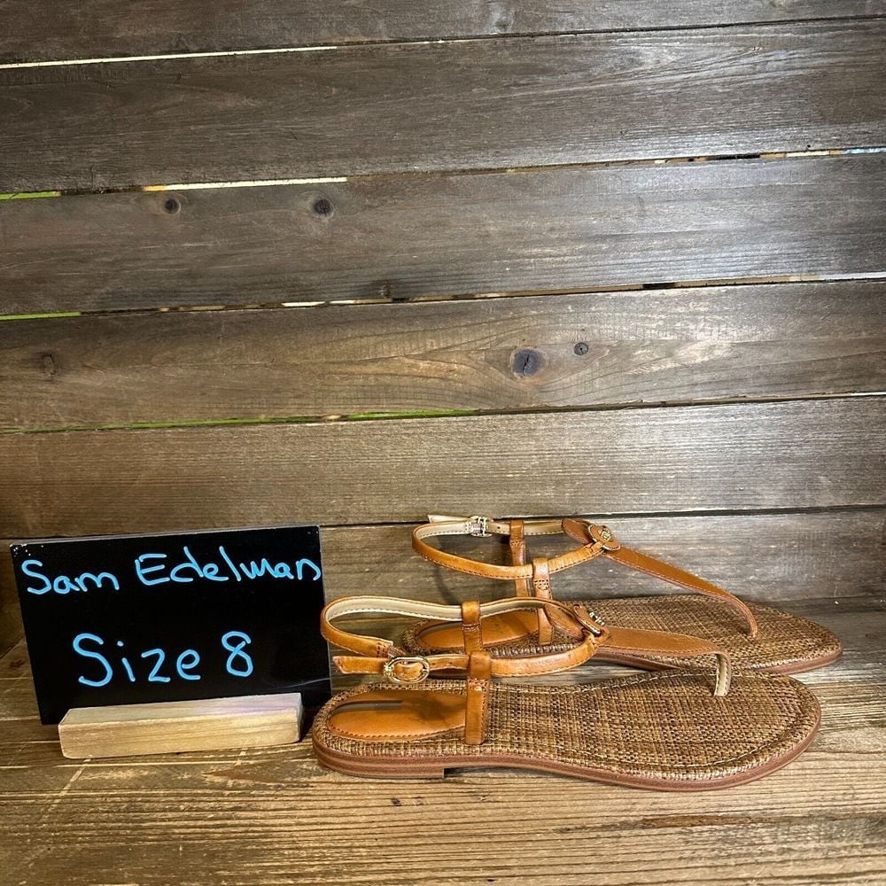 New NIB Womens Sam Edelman Gigi Signet T-Strap Brown Leather Sandals Size 8 M