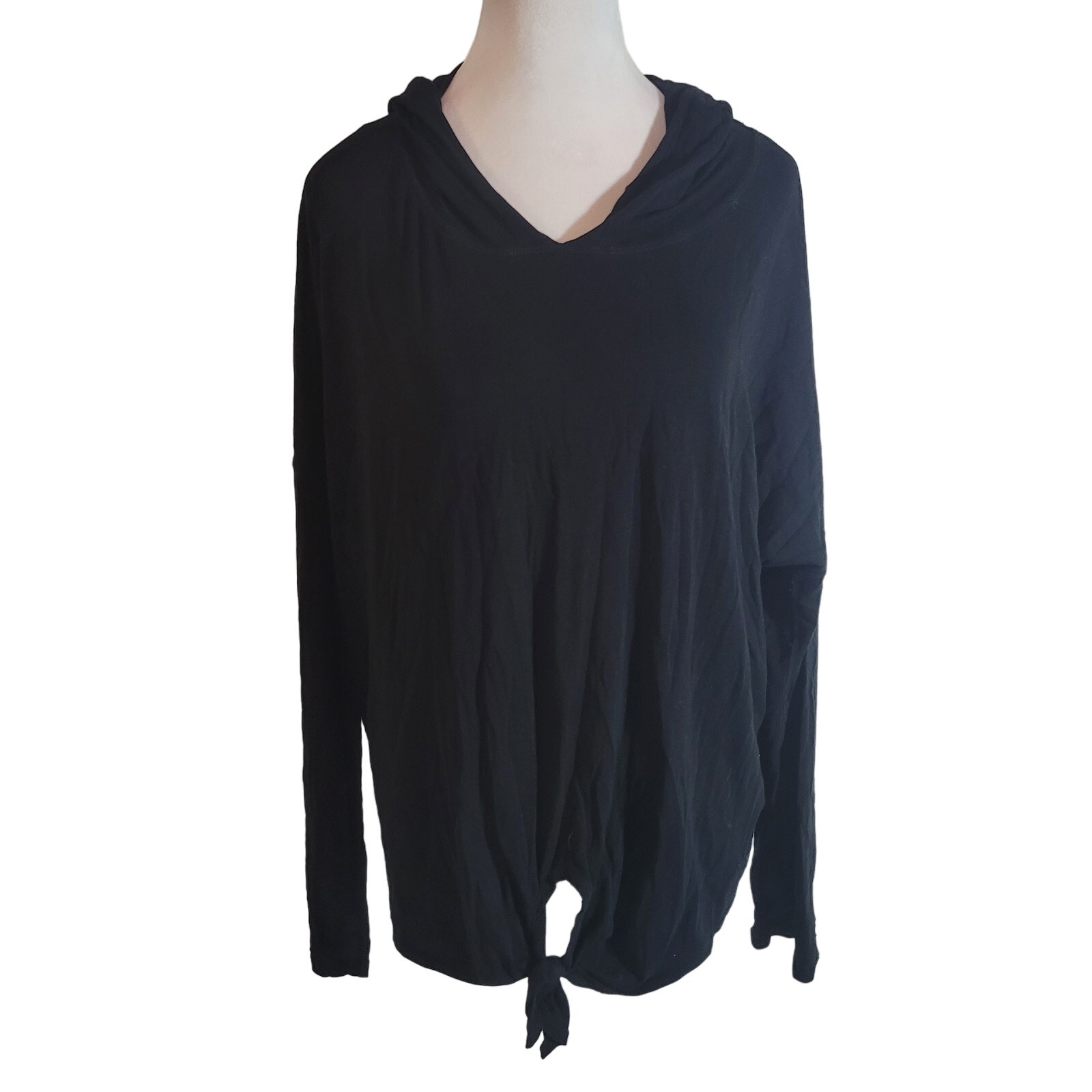 Donna Karan Active Size XL Pullover Black Hooded Sweatshirt Front Waist Tie