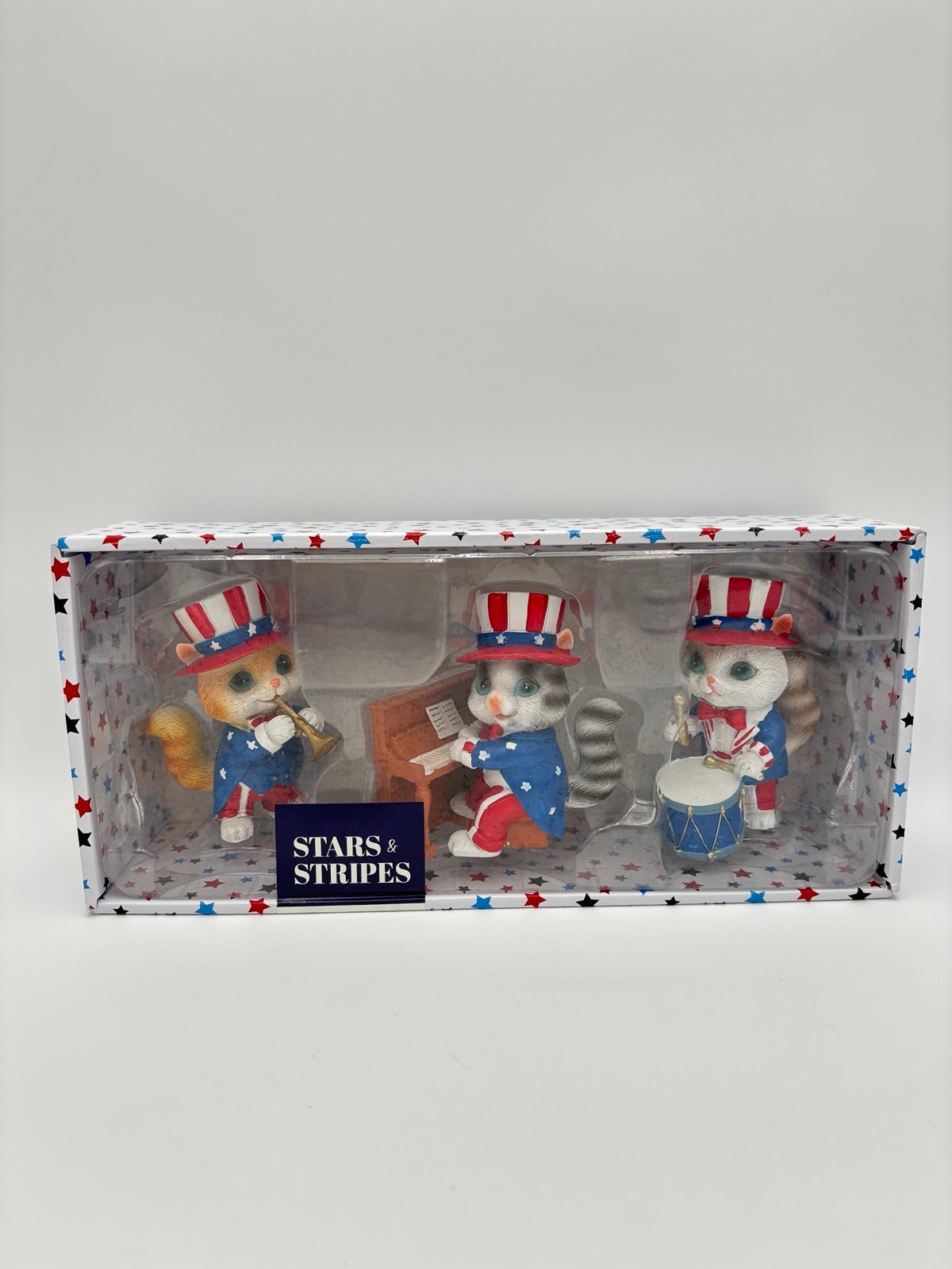 Stars and Stripes Patriotic Fourth of July Musician Cats Clay Resin Decor 3pc