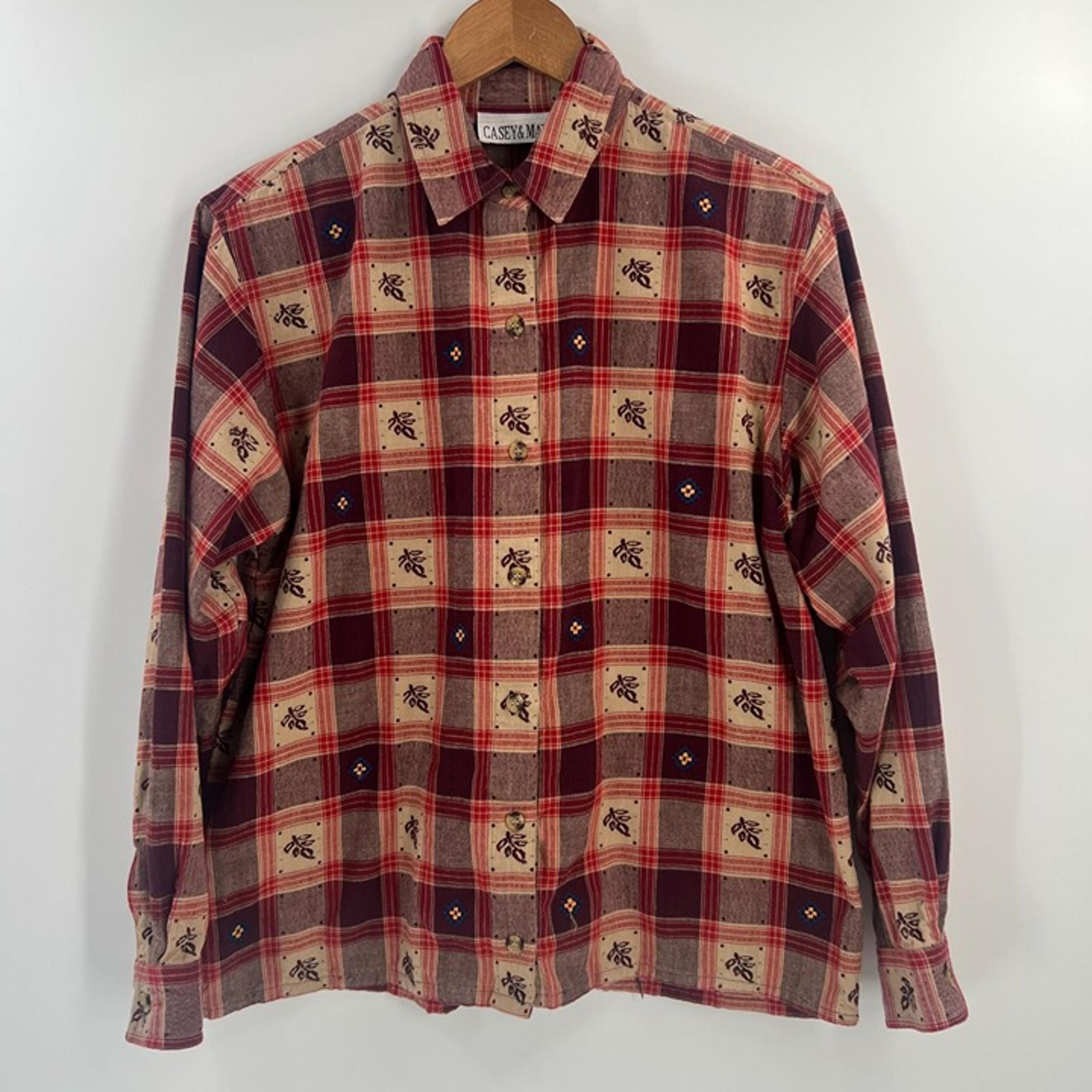 Casey & Max Vintage Red and Beige Plaid Embroidered Button Down Shirt