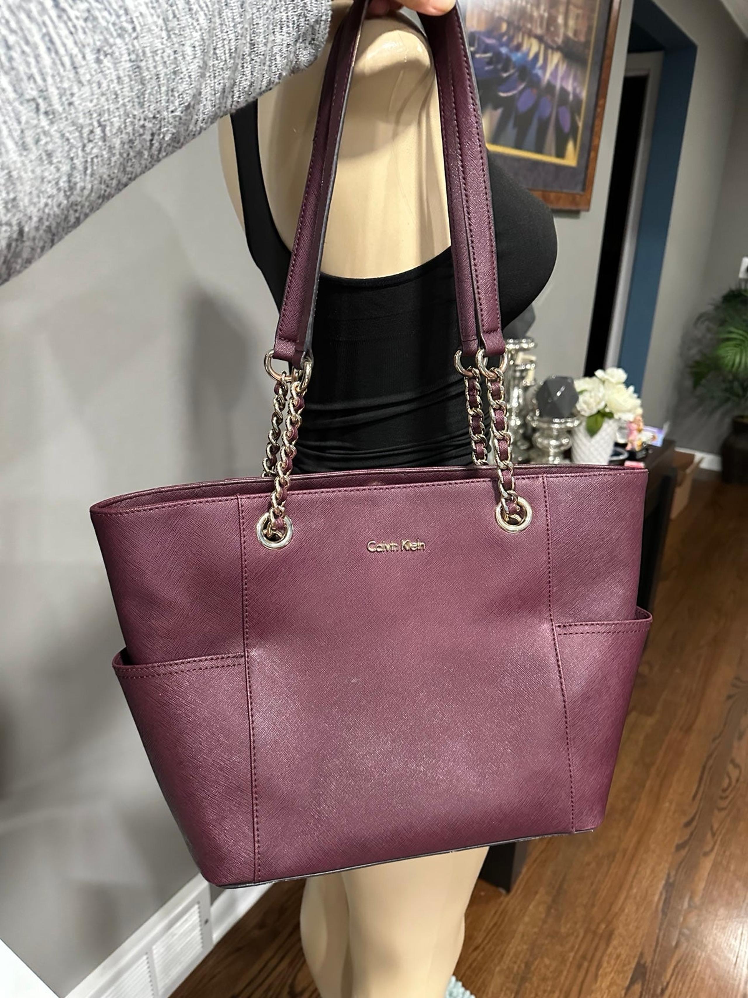 Calvin Klein Women's Hayden Saffiano Leather Top Zip Chain Tote Bag Purple