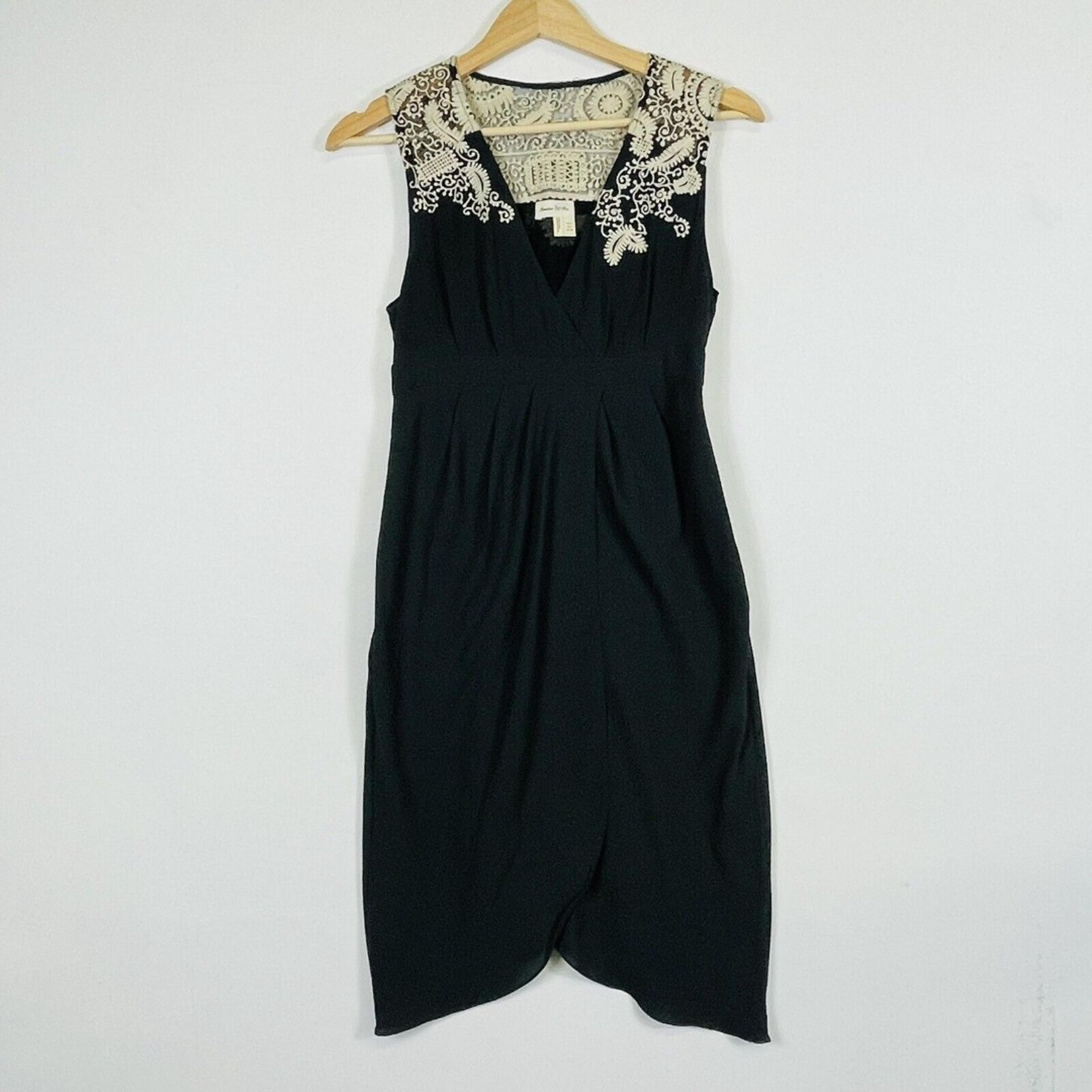 Meadow Rue Anthropologie Black Embroidered Tulip Hem Lined Dress Womens Sz 0
