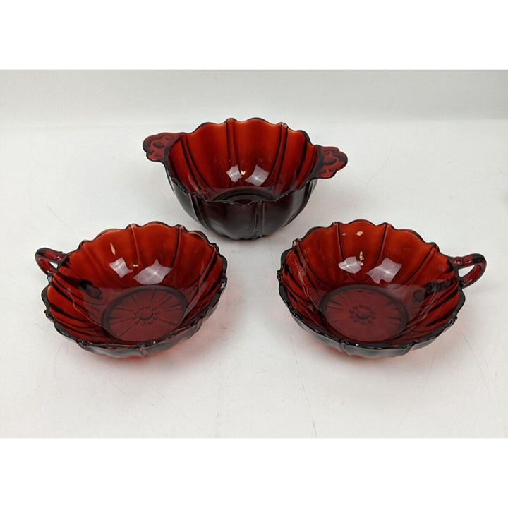 Vintage ruby glass oyster & pearl glass bowl set of 3