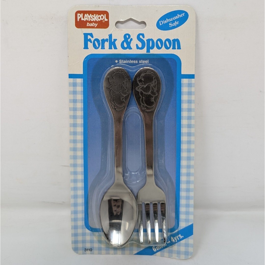 Vintage Playskool Baby Winnie The Pooh Fork And Spoon Set Stainless Steel 1986