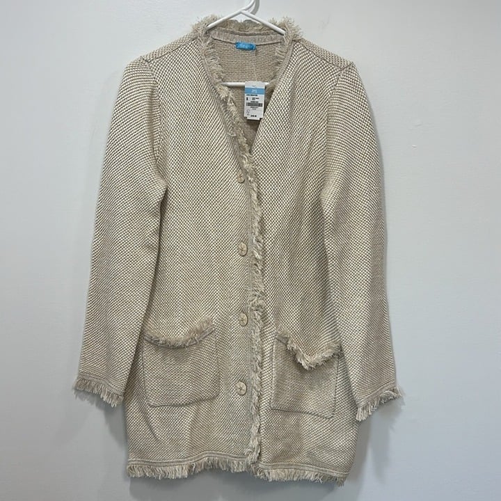 J Mclaughlin Womens Lexa Sweater Small Tan Fringe Tweed Cotton Long Line Button
