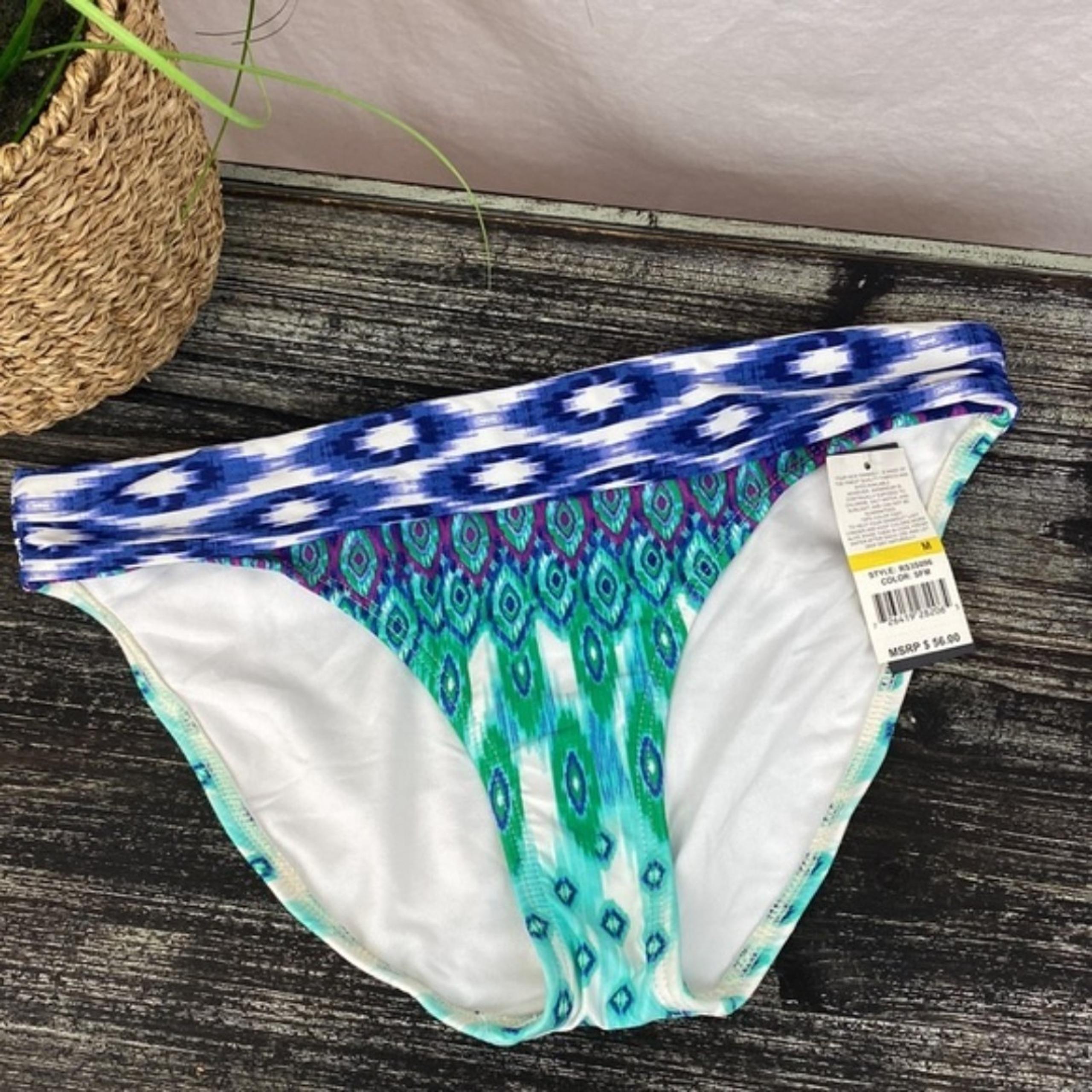 Kenneth Cole White Blue Green Print Fold Waist Bikini Swim Suit Bottoms NEW M