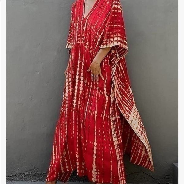 NEW Red Water Print Tie & Dye Caftan