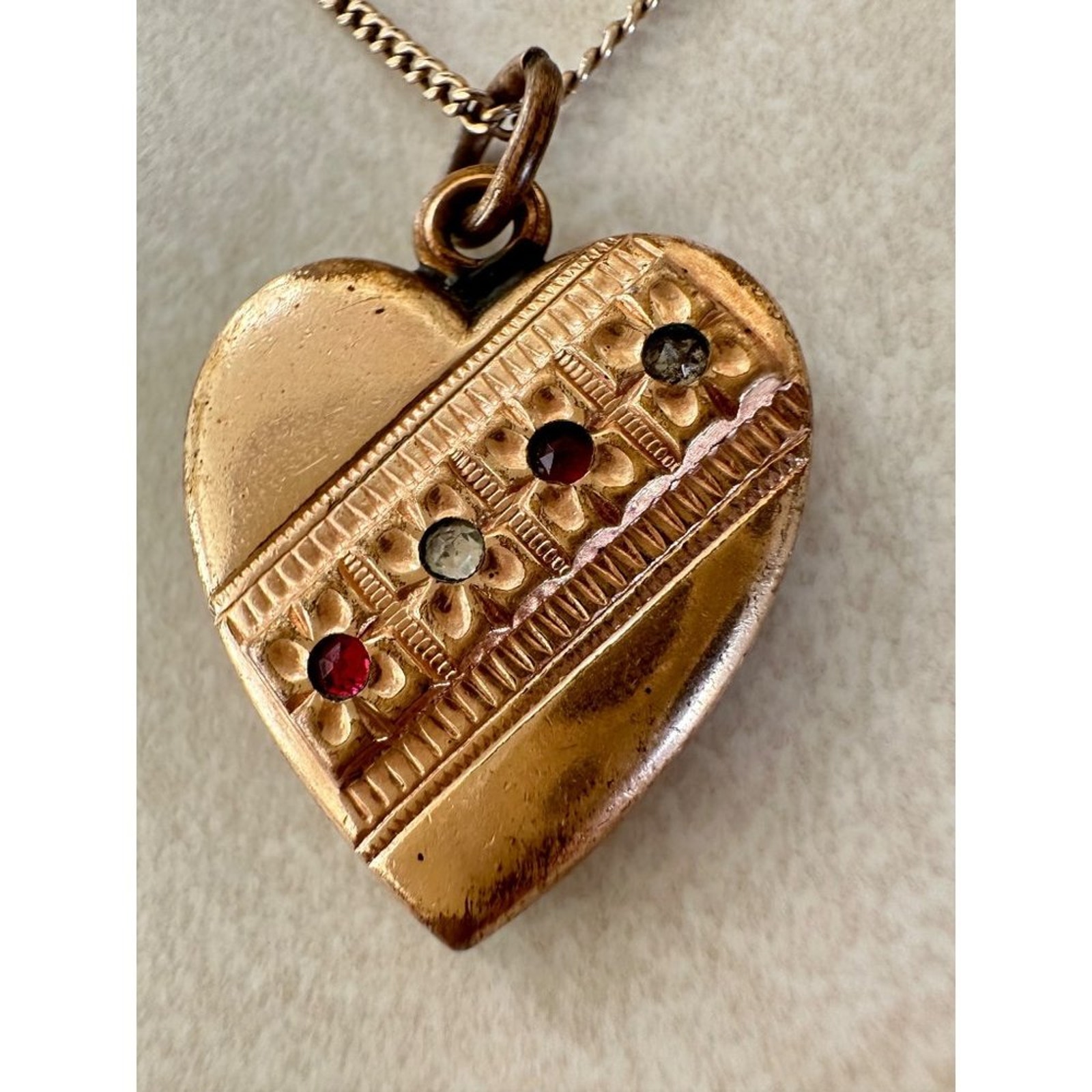 Antique Victorian 1800s rose gold filled puffy heart clear red paste necklace