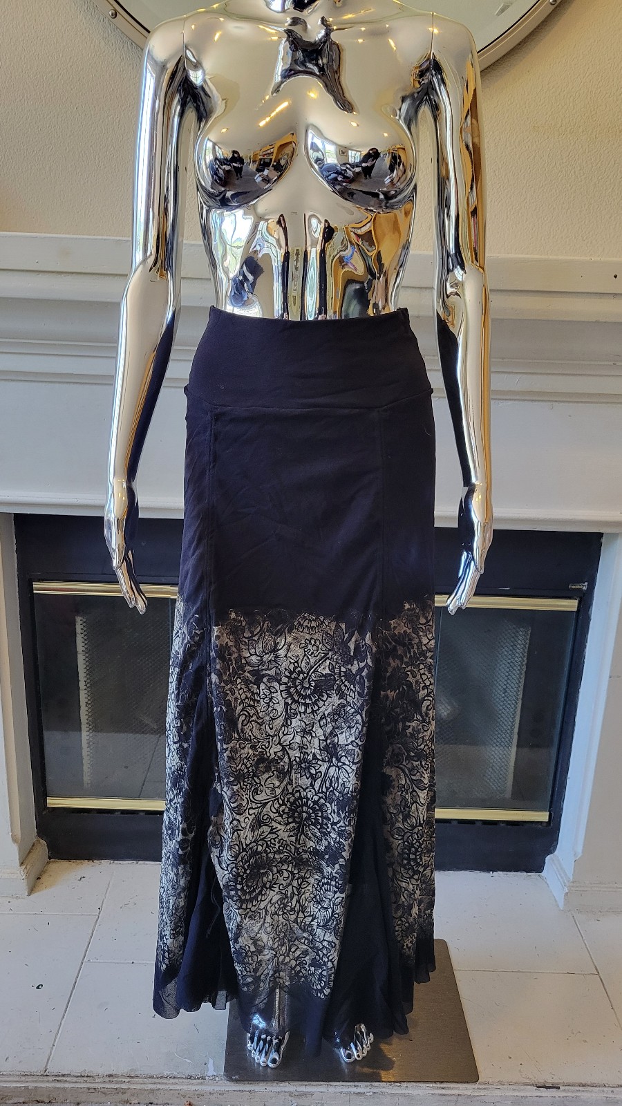NEW Fuzzi GAULTIER Black Floral-Print Mesh Tulle Maxi A-Line Skirt XXL