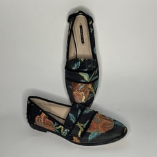 ZARA BASIC sz 39/8 Black Orange Green Blue Floral Brocade Fabric Loafers Shoes