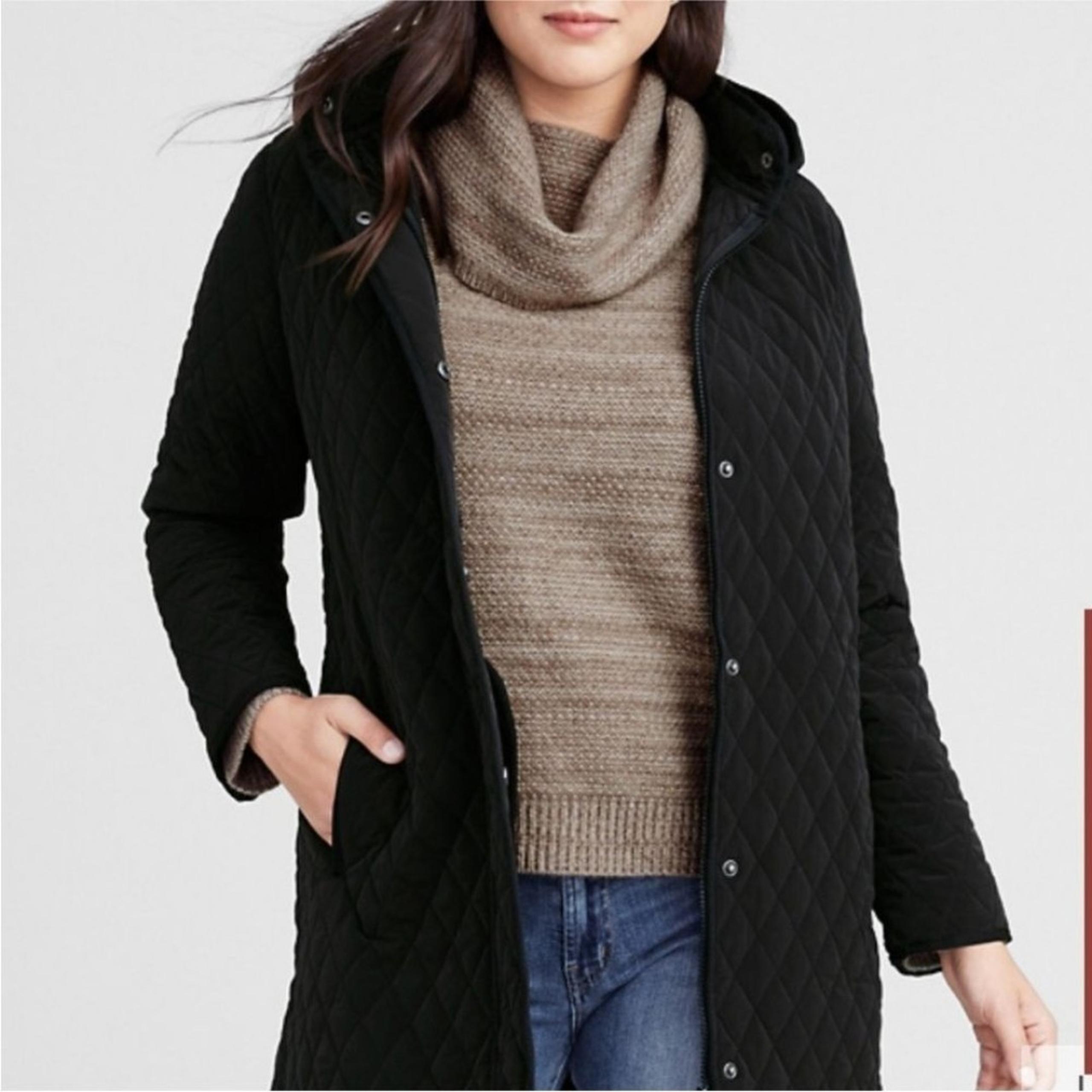Garnet Hill Size 16 Black Essential Quilted Longline Jacket Car Coat Hooded