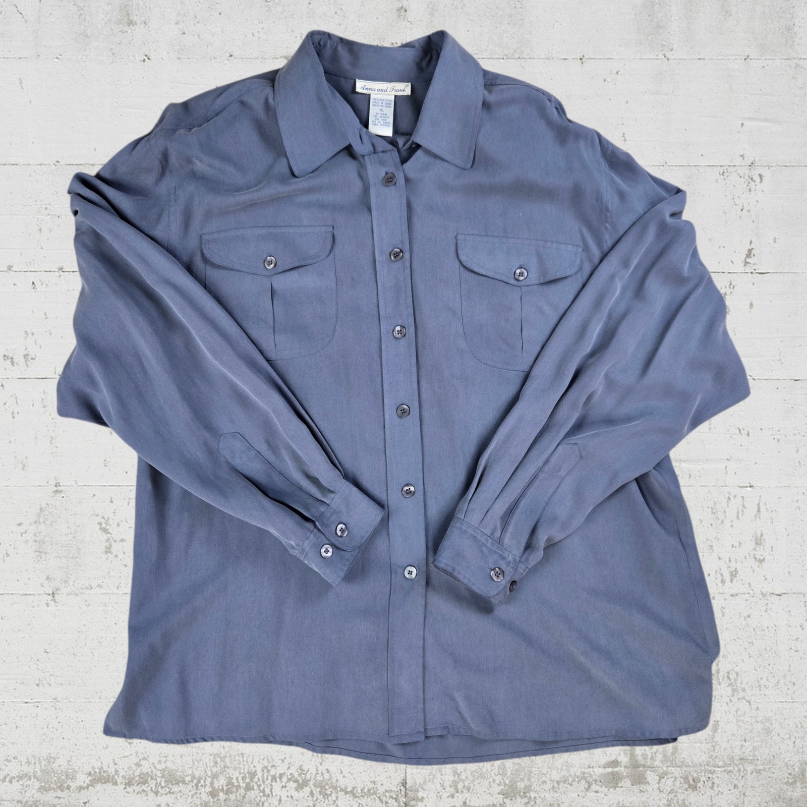 90s Vintage Slate Blue Silk Soft Button Up Classic Relaxed Fit Blouse Size XL
