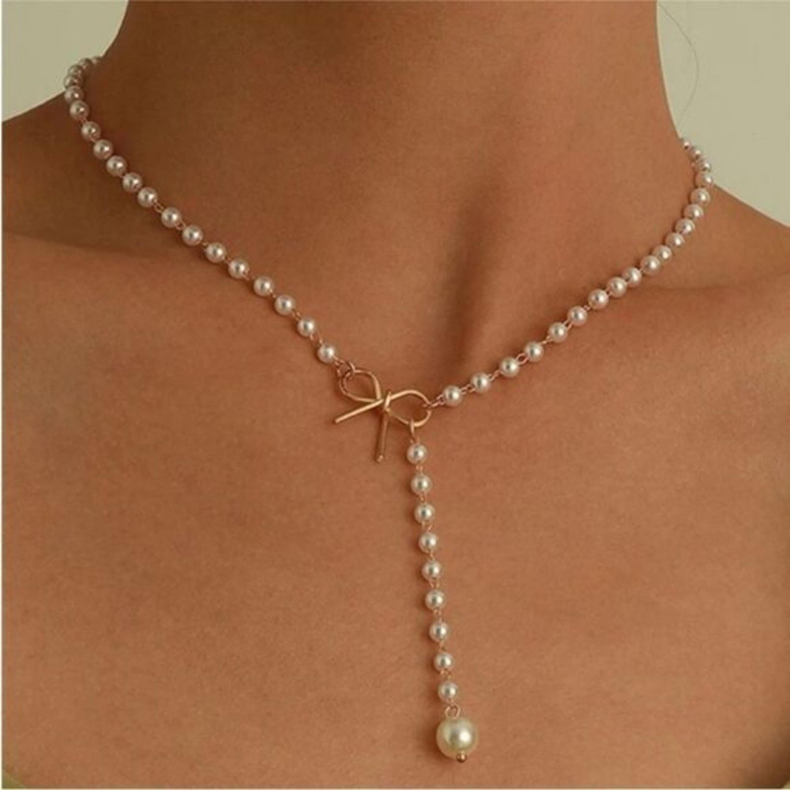Anthropologie Gold Bow Pearl Y-Necklace