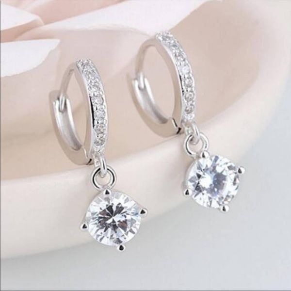 NEW Solitaire Diamond Drop 925 Silver Hoop Earrings