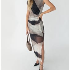 Oak + Fort Sleeveless Patterned Mesh Maxi Dress