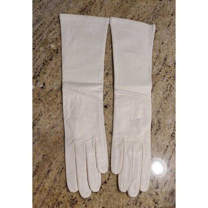 New! Vtg Women Sz M 7 Off-White Soft Leather Silk Lined Formal 15.5 Long Gloves