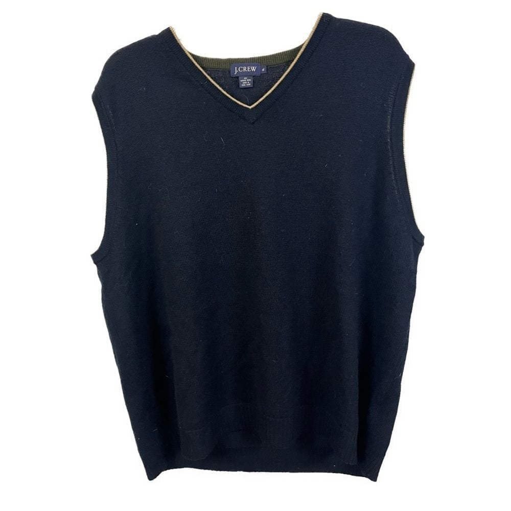 J. Crew Men's 100% Merino Wool Navy Contrast Trim V- Neck Sweater Vest- Size XL