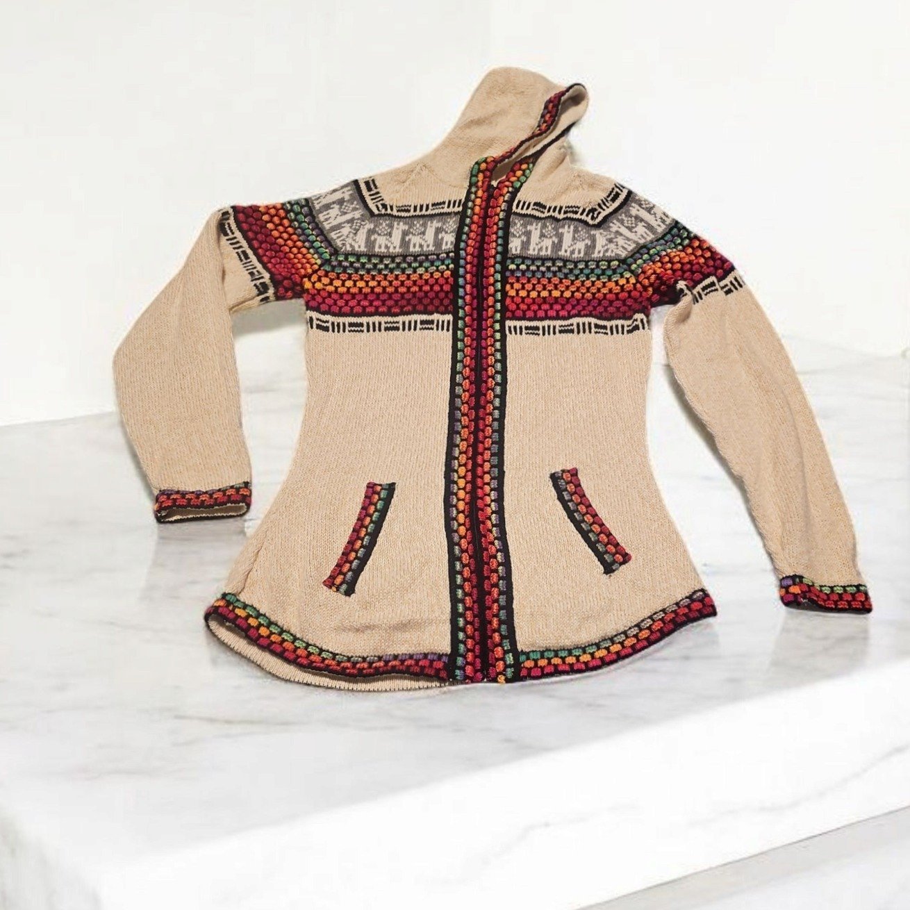 Alpaca Wool Blend Hooded Cardigan Sweater Colorful Knit Aztec Design Large