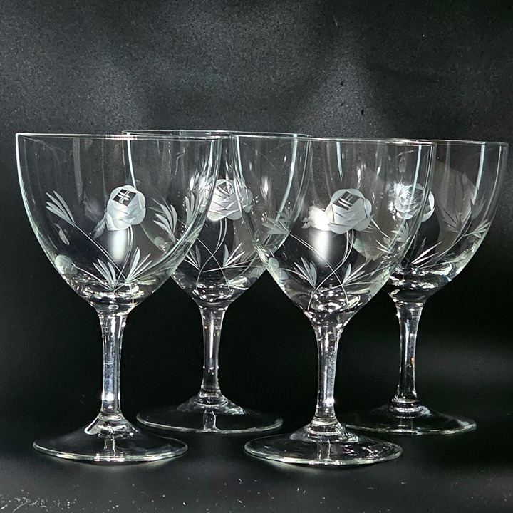 Etched Rose Leaf Vine Water Glasses 6" set/4 vtg crystal floral cut glass