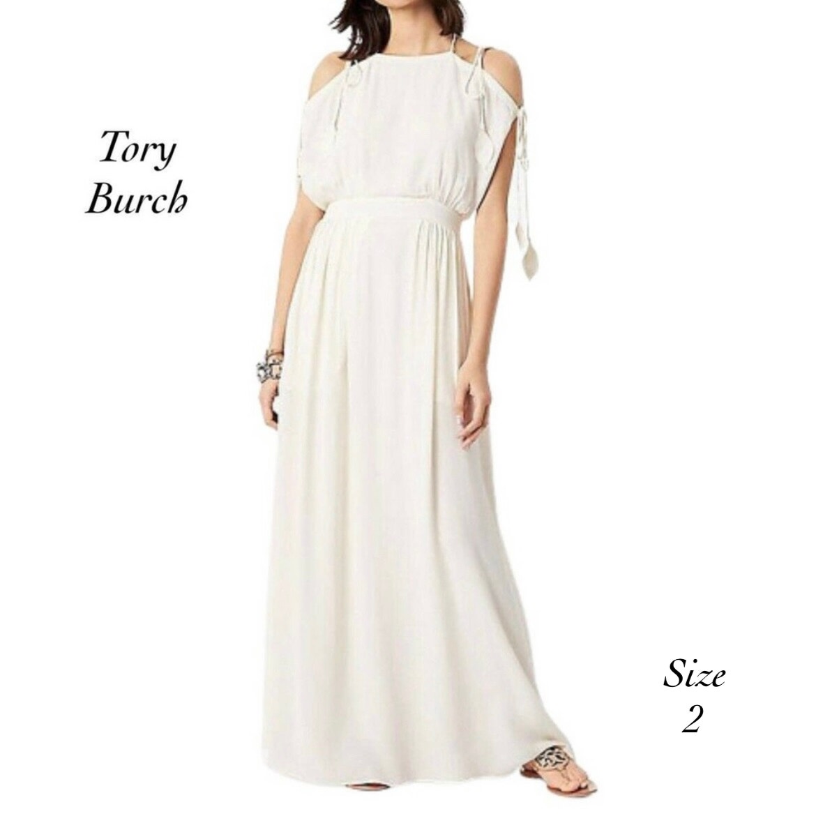 Tory Burch Evalene Ivory Leaf Cold Shoulder Crepe Maxi Dress NWT Size 2 FLAW