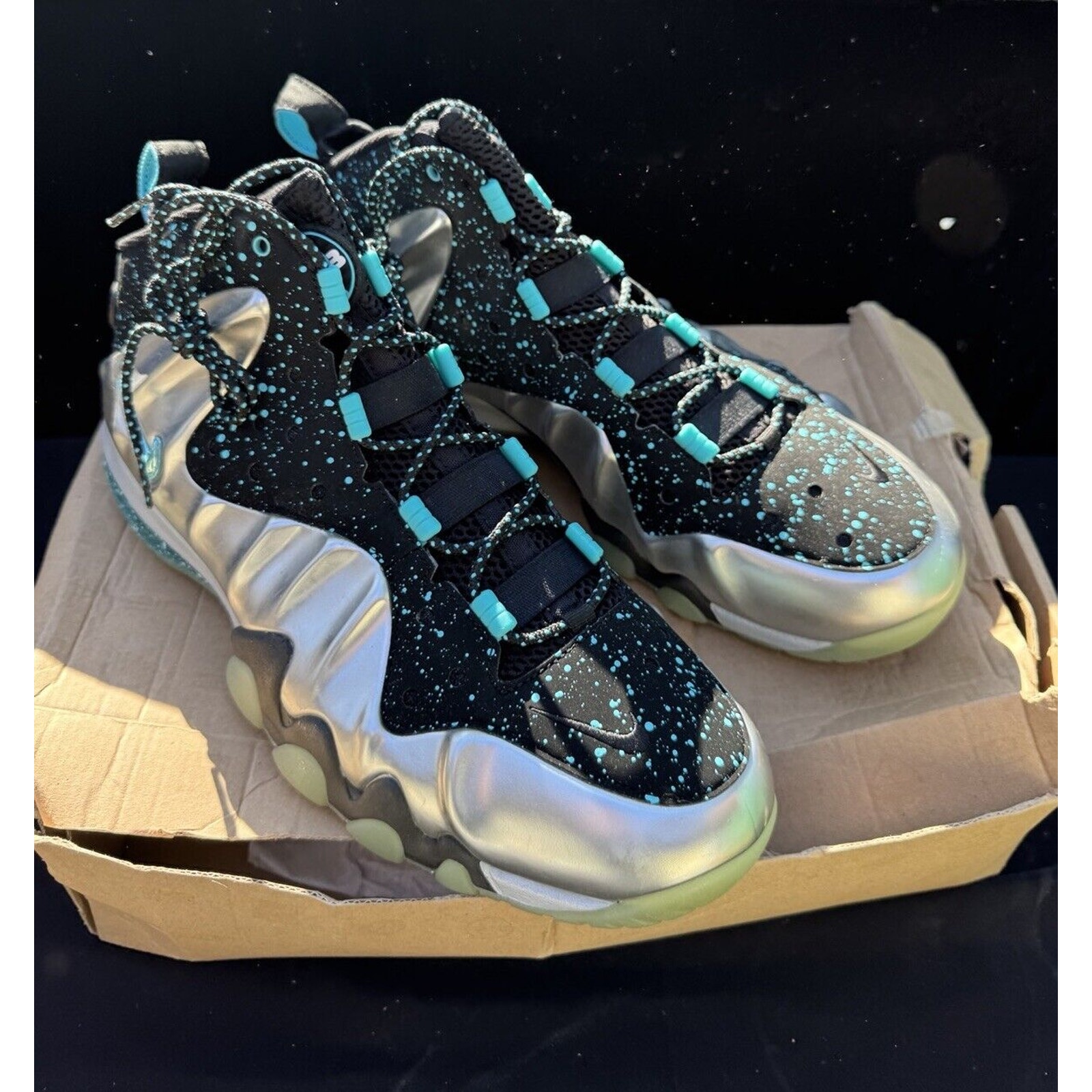 Size 12 - Nike Barkley Posite Max Splatter 2013 Metallic Silver Gamma Blue New!