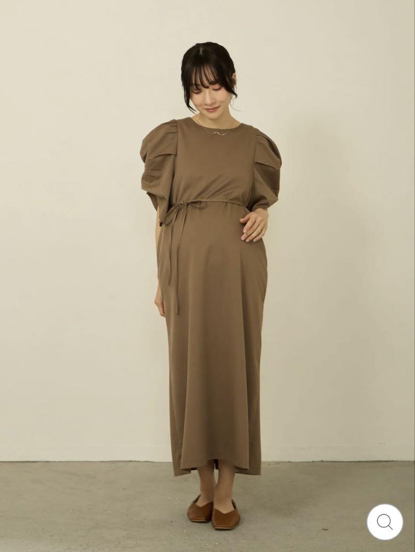 honono [Maternity & Nursing Wear] Volume Sleeve I-Line Dress - Brown