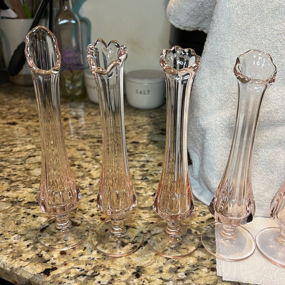 10 Vintage Depression Glass Glasses Rose Pink 8 Bud Vase Collectible Glassware