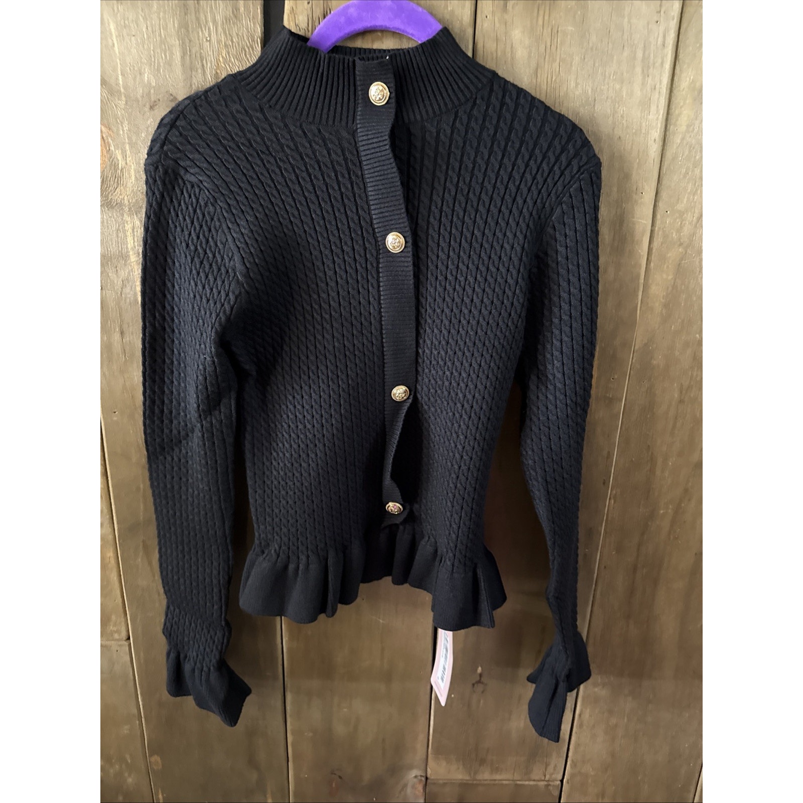 Micas Ribbed Knit Button-up Peplum Sweater, Black, XS