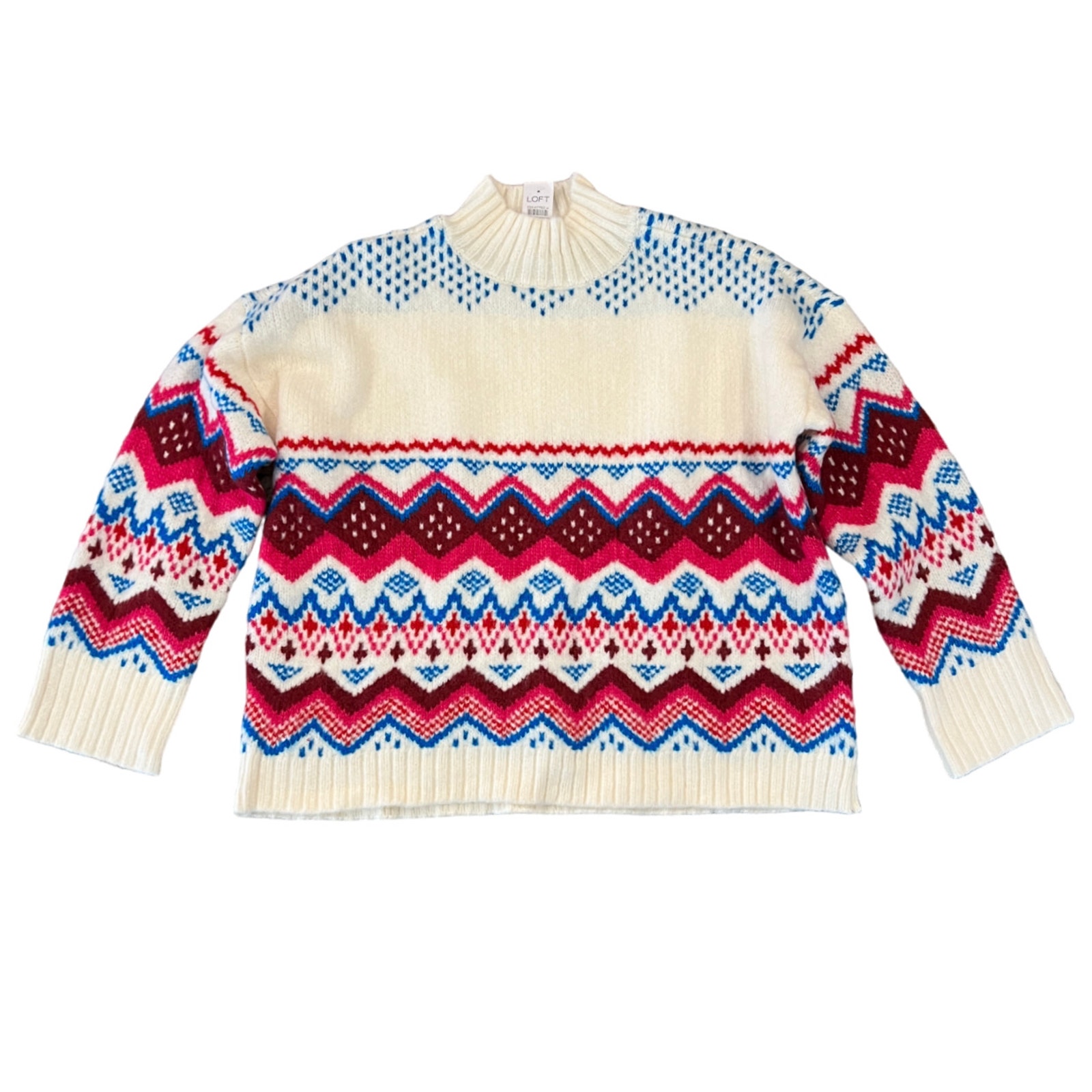 NWT LOFT Whisper White Fair Isle Wide Sleeve Mock Neck Sweater - SIZE M