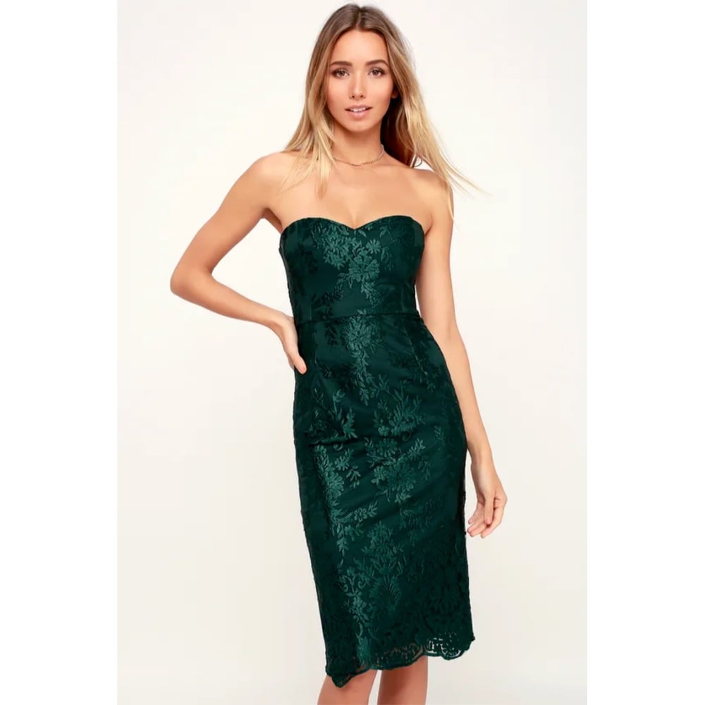Lulus Strapless Bodycon Dress Sz XS Emerald Green Metallic Floral Formal Prom