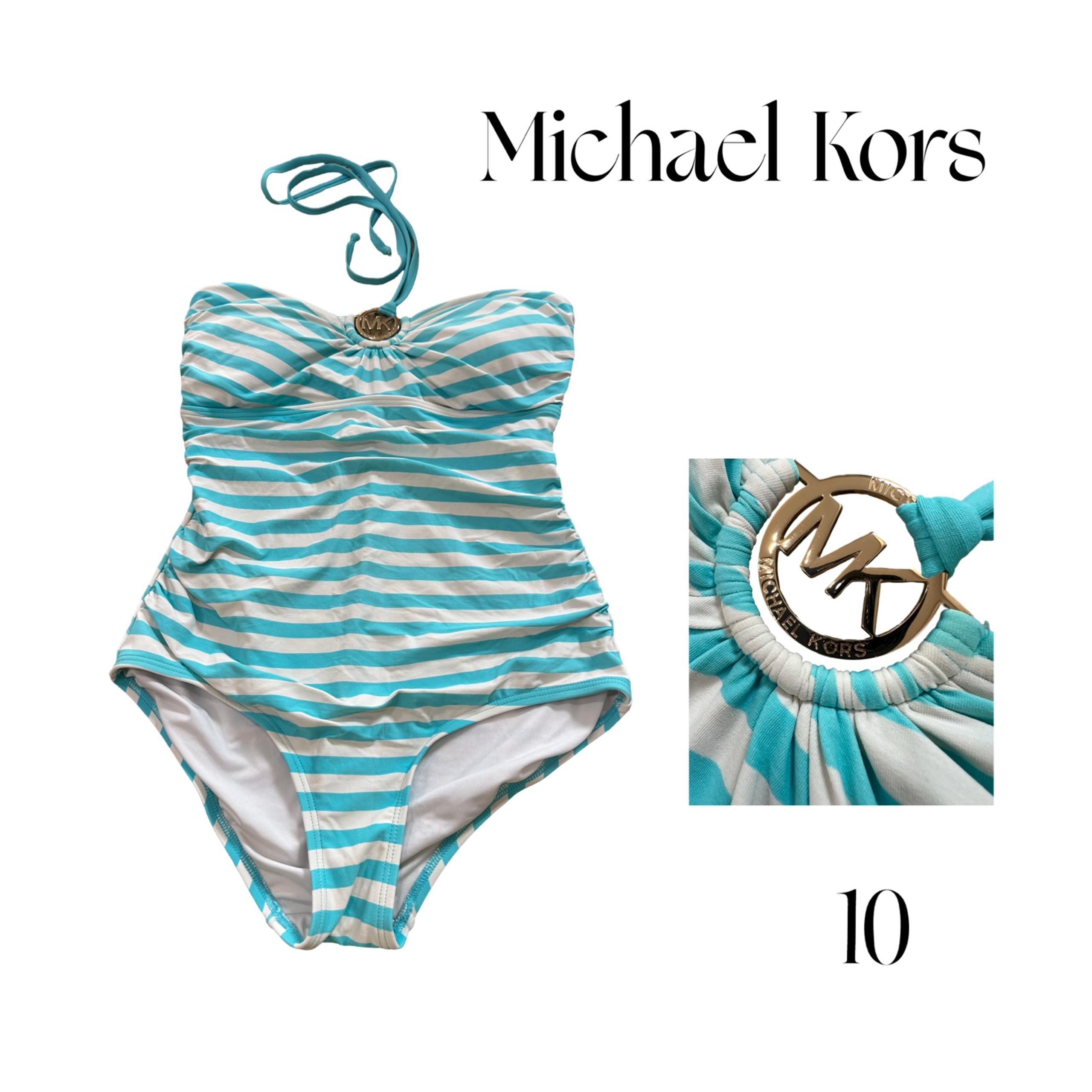 Michael Kors Striped one piece Swimsuit blue white gold MK size 10 EUC