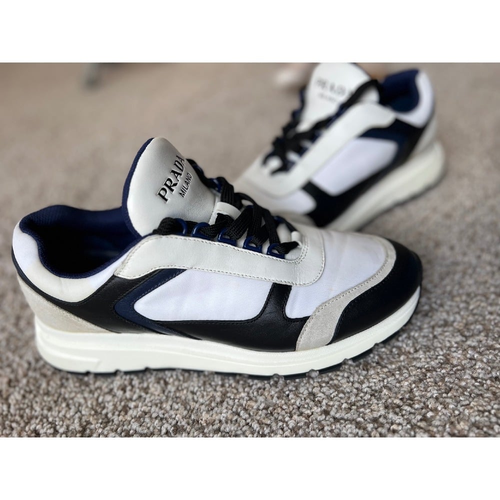 Authentic Prada Sneakers Low Top Leather Trim Designer Shoes men Size 8 UK 9 US
