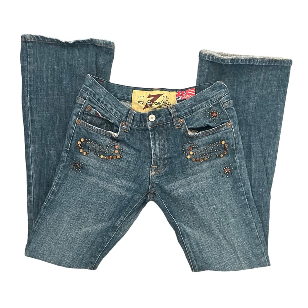 Vintage 7 For All Mankind Bejeweled Paisley Downtown Flare Leg Blue Denim Jeans