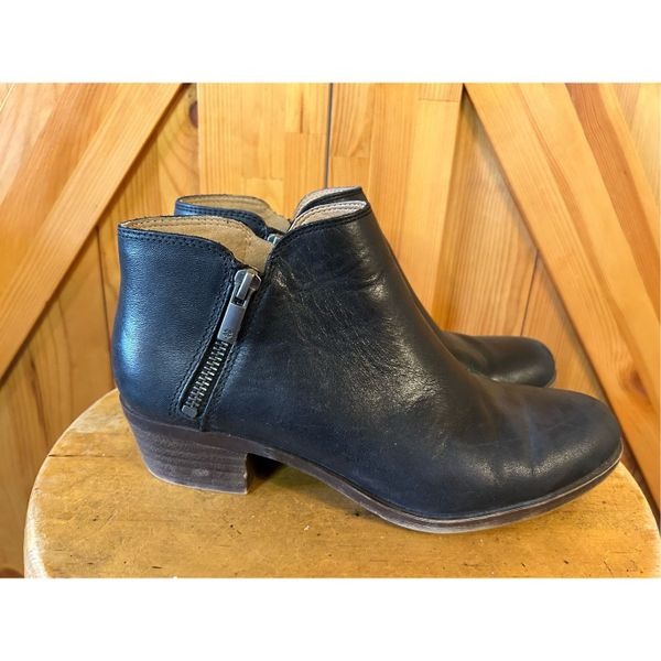 Lucky Brand Burklee Black Leather Ankle Booties Boots Double Zipper Size 7.5M