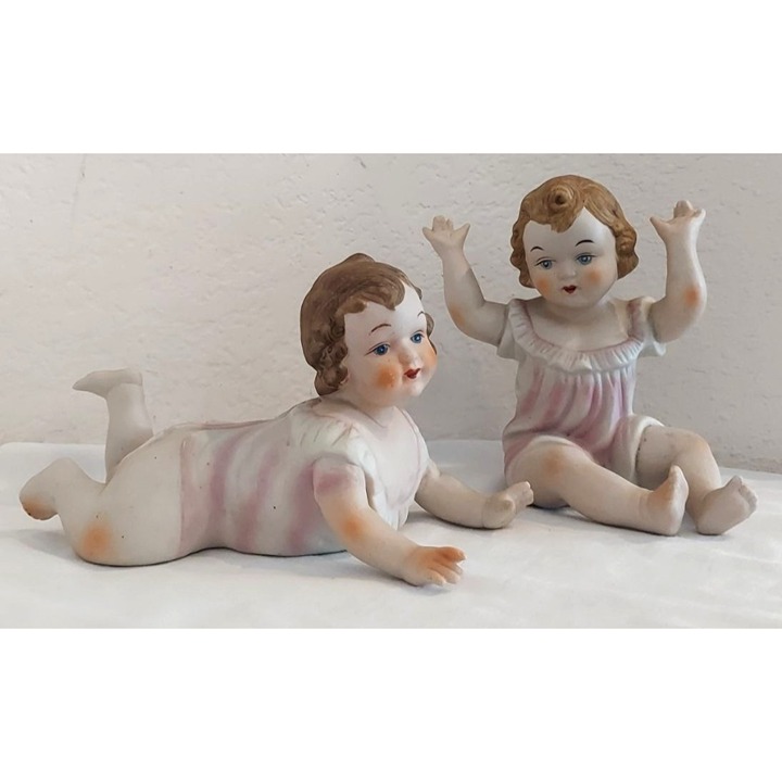 Vintage Pair Piano Babies Ceramic Bisque Girls in Pink figures 7