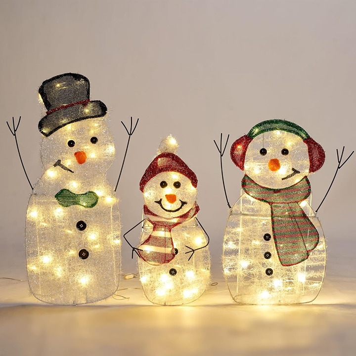 3 Pcs 2D Christmas Snowman Family Warm White Lights with Metal Stakes