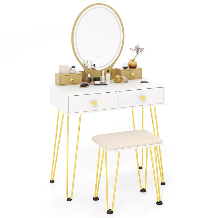 Mirrored Vanity Makeup Dressing Table Padded Stool Set w/ 3-Color Lights