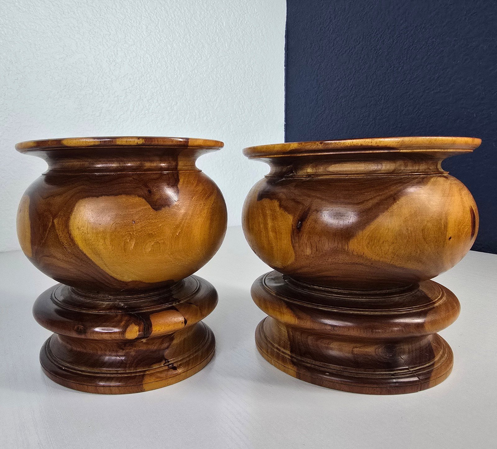 Pair of Vintage Carved Wood Vessels | Rustic Boho Decor Candle Holders Vases