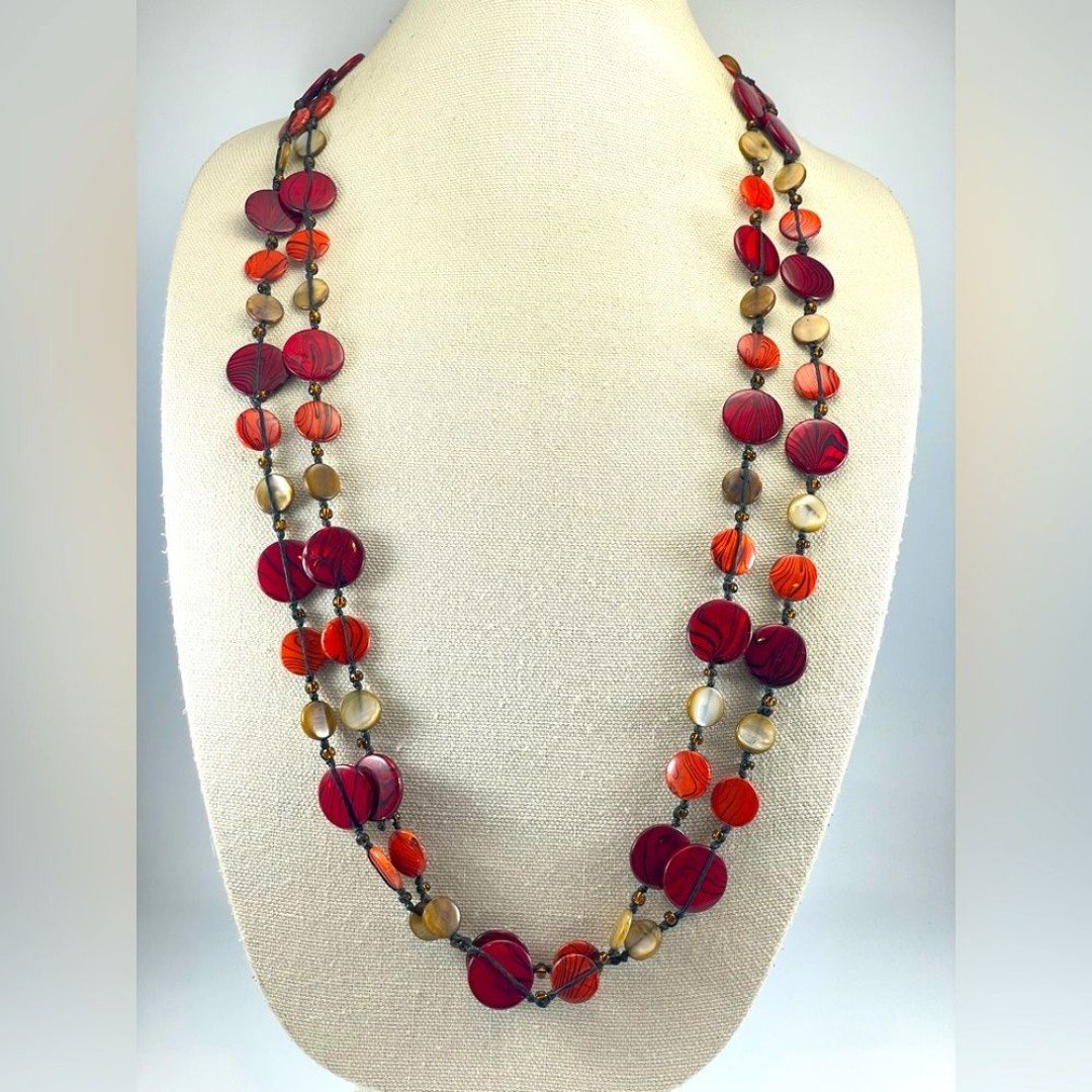 Red Natural Mother of Pearl Disc Knotted Corded Boho Necklace Statement Long